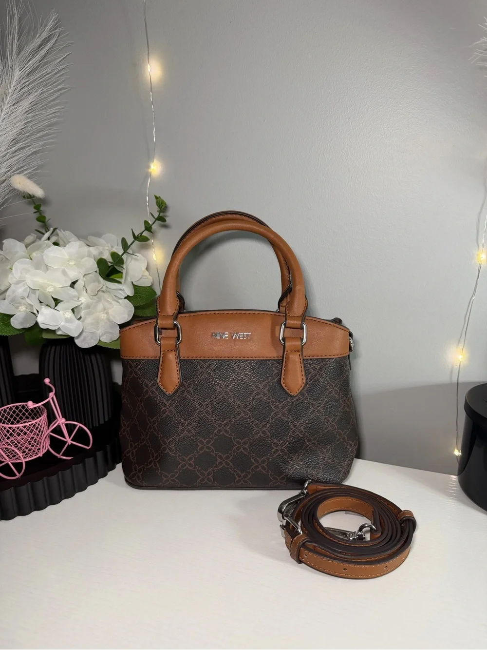 Nine West Brown Monogram Satchel with Tan Handles